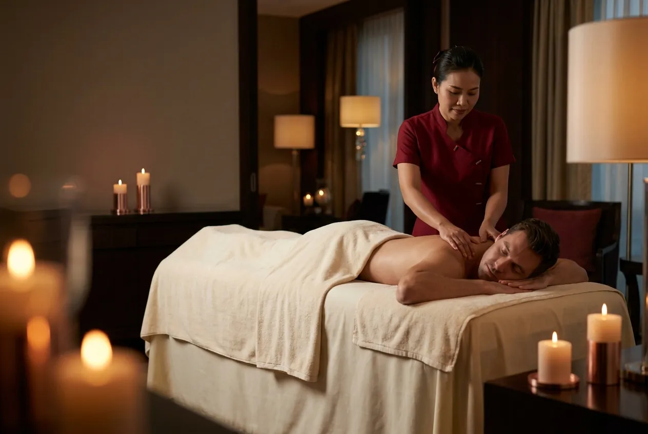 Guest relaxing during an oil massage by candlelight