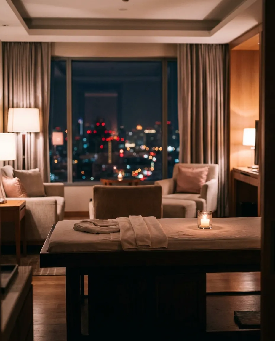 Massage table in ivory linen with candles in a Bangkok hotel suite at night