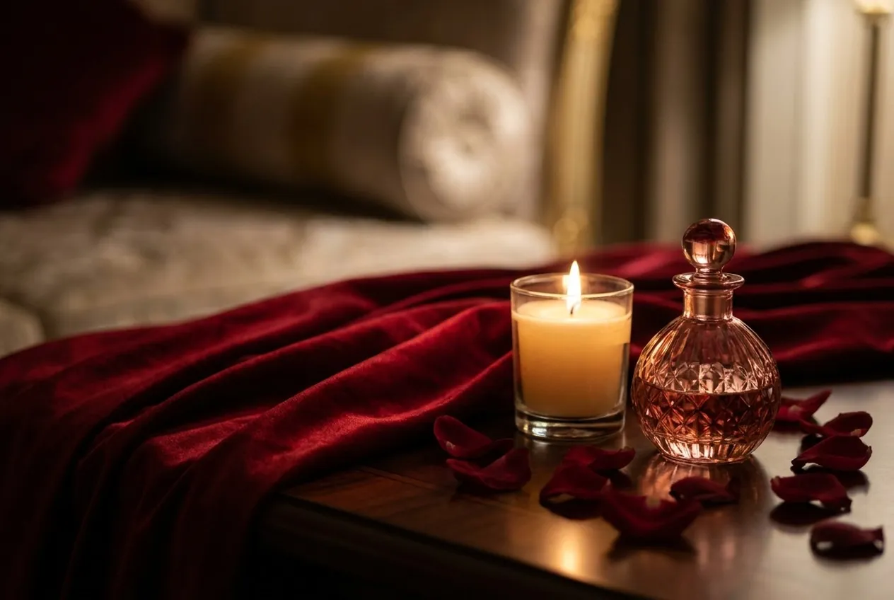 Candle and rose-gold oil bottle on deep red silk